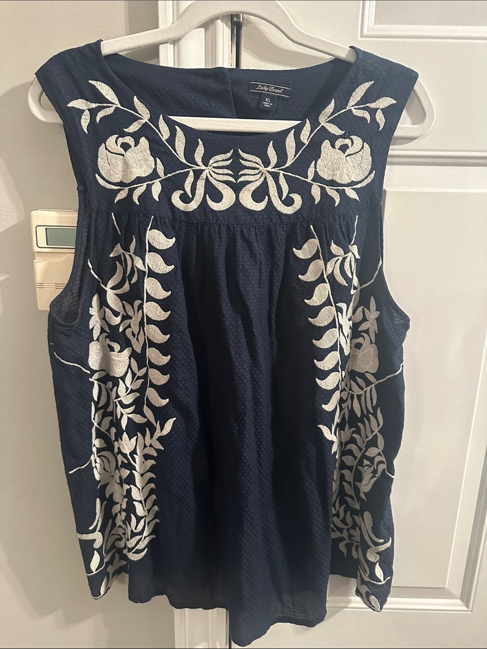 Lucky Brand Navy Sleeveless Tank with White Floral Embroidery